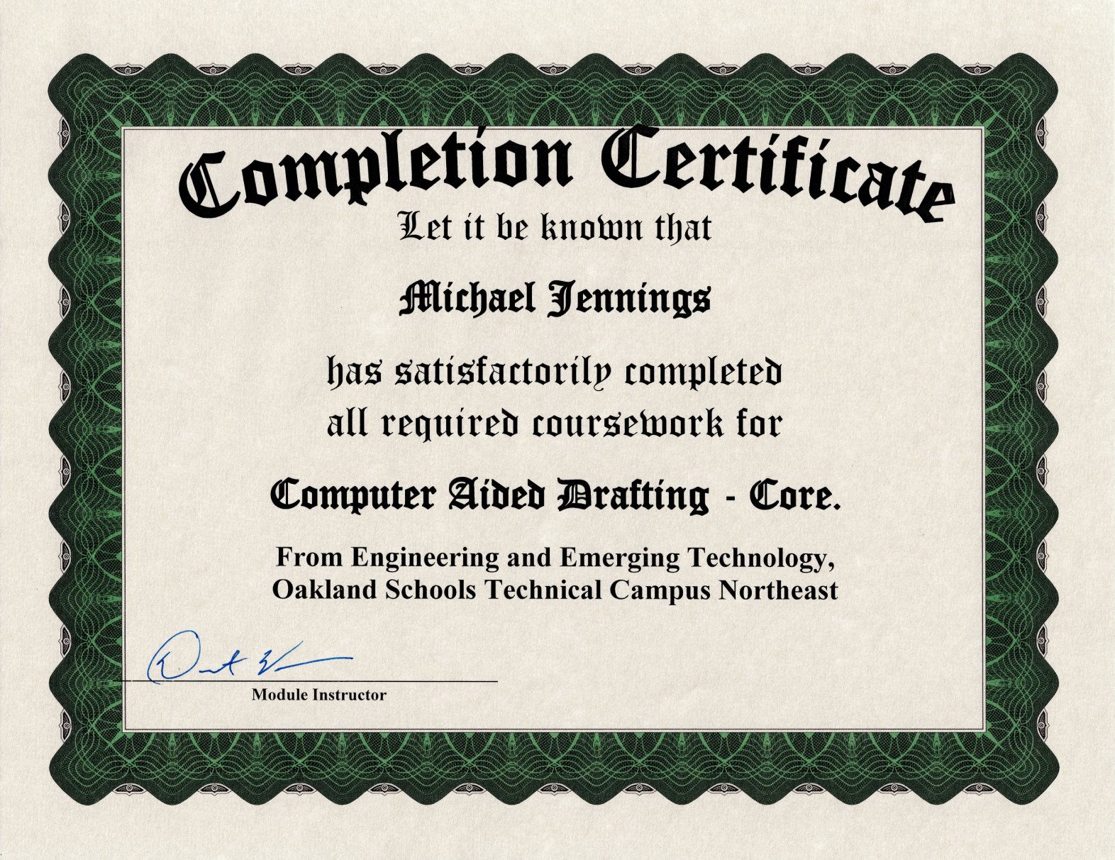 CAD Drafting Core completion certificate — Michael Jennings