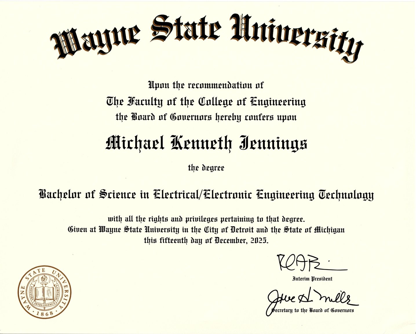 Bachelor of Science, Electrical and Electronics Engineering Technology — Wayne State University