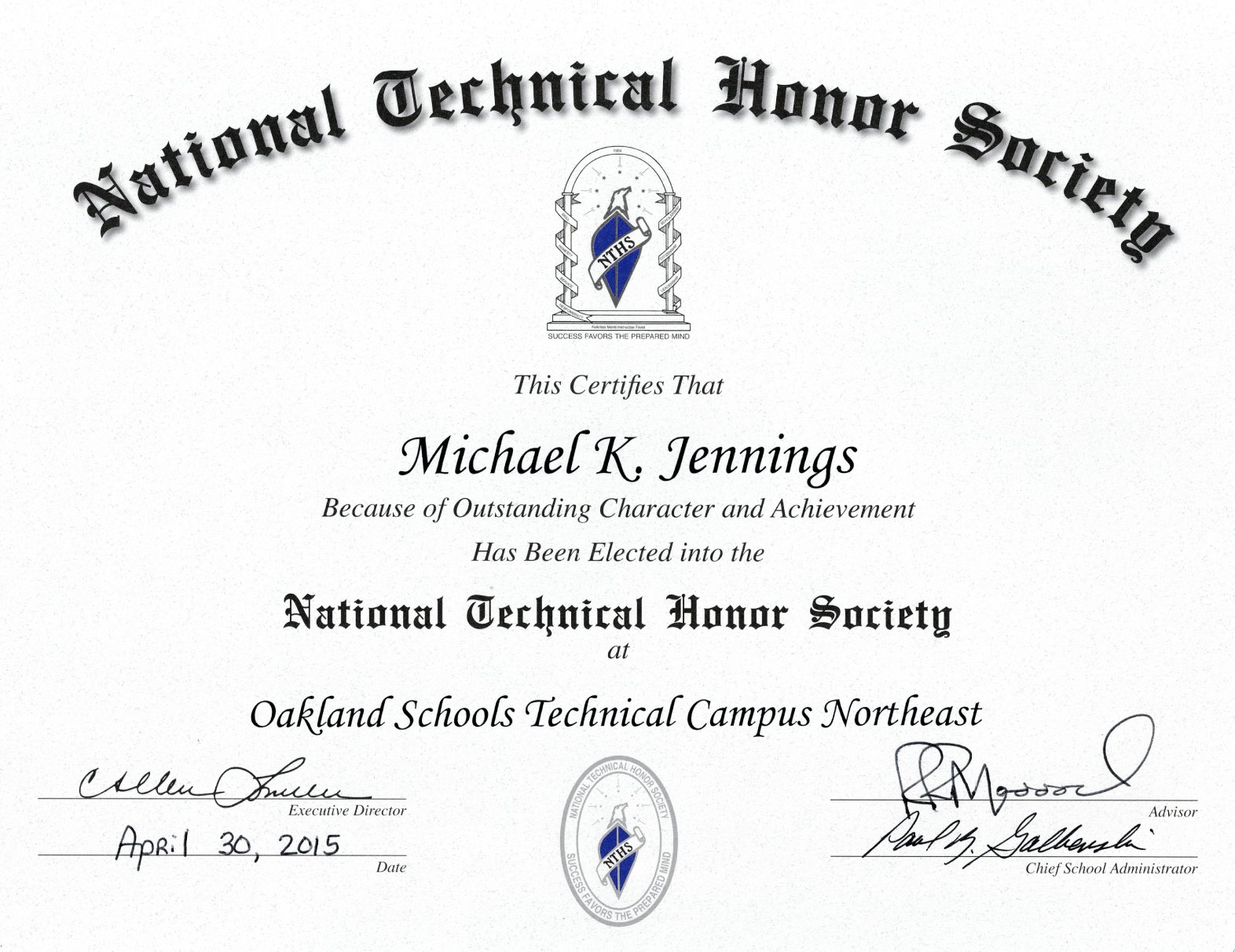 National Technical Honor Society certificate — Michael K. Jennings